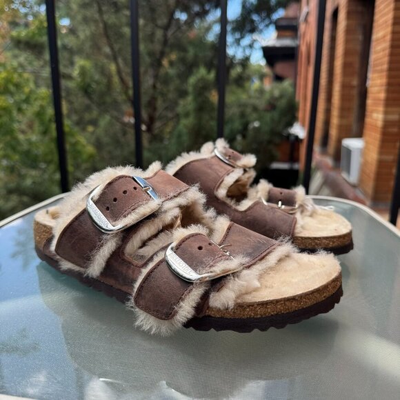 New Birkenstock Arizona Big Buckle Shearling Sandals Leather Brown US 8 / EUR 39 - Picture 3 of 14